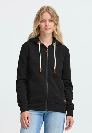 Black zip-up hoodie with a drawstring hood, featuring cream-colored rope pulls, brown leather accents, and a soft, textured finish.