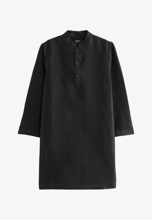 Tunic nera con colletto alla cinese, apertura a tre bottoni e maniche lunghe. Realizzata in tessuto morbido con un design semplice e privo di decorazioni.