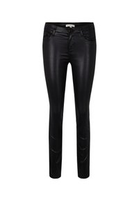 Schwarze Slim-Fit-Jeans aus glänzendem, dehnbarem Stoff. Mit fünf Taschen und dezenten Nähten entlang der Beine.
