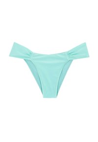Bañador de bikini de color verde menta con una textura suave, que presenta tiras laterales anchas y un detalle fruncido en los lados. Diseño simple y minimalista.