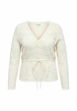 Kremasti pleteni kardigan dugih rukava s cvjetnim čipkastim uzorkom, prednjim gumbima, V-izrezom i podesivim remenom u struku.