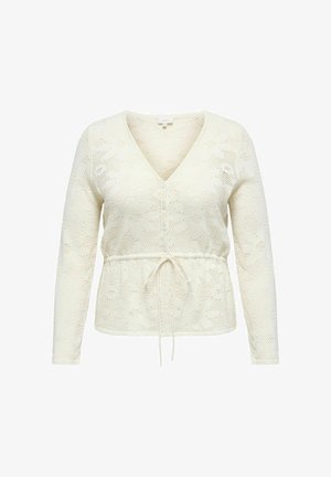 Kremasti pleteni kardigan dugih rukava s cvjetnim čipkastim uzorkom, prednjim gumbima, V-izrezom i podesivim remenom u struku.