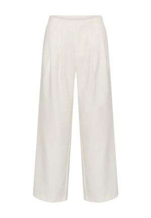 Krēmkrāsas plašas bikses ar priekšējām krokām, jostas cilpām un noslēptu priekšpuses aizdari.