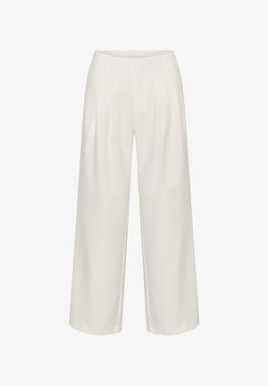 Krēmkrāsas plašas bikses ar priekšējām krokām, jostas cilpām un noslēptu priekšpuses aizdari.