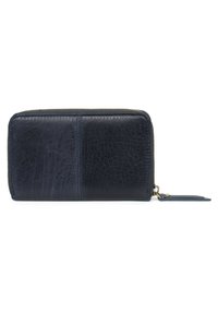 Portafoglio in pelle blu navy con finish testurizzato, chiusura a zip e pannelli a contrasto. Presenta un anello per chiavi per maggiore funzionalità.