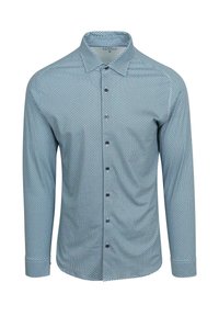 Lange mouw button-down shirt in lichtblauw met een geometrisch patroon, voorzien van een puntige kraag en donkere knopen. Zachte, gestructureerde stof.