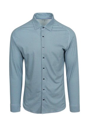 Lange mouw button-down shirt in lichtblauw met een geometrisch patroon, voorzien van een puntige kraag en donkere knopen. Zachte, gestructureerde stof.