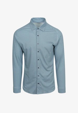 Lange mouw button-down shirt in lichtblauw met een geometrisch patroon, voorzien van een puntige kraag en donkere knopen. Zachte, gestructureerde stof.