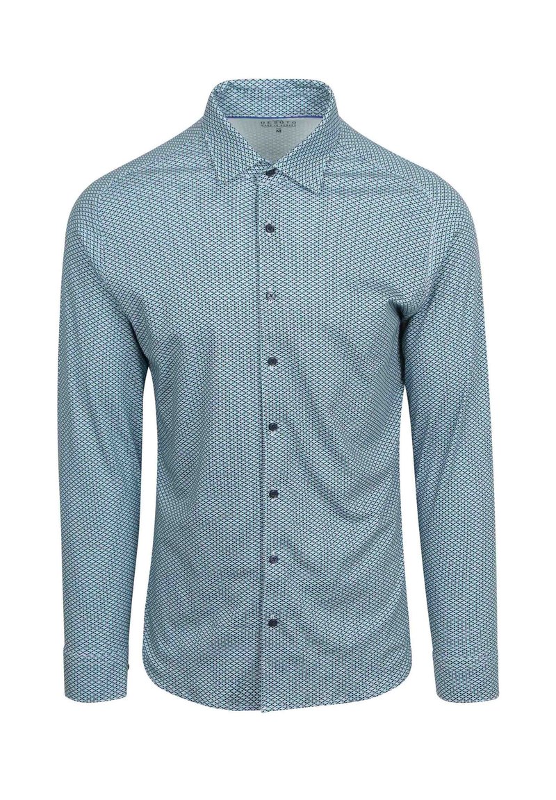 Lange mouw button-down shirt in lichtblauw met een geometrisch patroon, voorzien van een puntige kraag en donkere knopen. Zachte, gestructureerde stof.