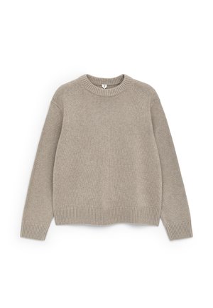 Beige knitted sweater with a crew neckline, long sleeves, and ribbed cuffs and hem. Soft texture with a relaxed fit.