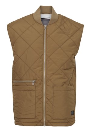 Gilet imbottito trapuntato senza maniche in caldo marrone con zip frontale, due tasche laterali e colletto a coste in contrasto.