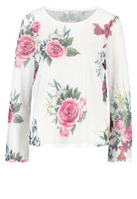 Bílý top s dlouhým rukávem s květinovým vzorem růžových růží a zelených listů. Hladká tkanina s kulatým výstřihem a volným střihem.