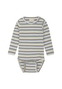 Långärmad baby bodysuit i ribbat tyg, med horisontella ränder i beige, grå och dämpad blå. Rund halsringning och tryckknappsstängning i botten.