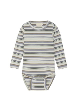 Långärmad baby bodysuit i ribbat tyg, med horisontella ränder i beige, grå och dämpad blå. Rund halsringning och tryckknappsstängning i botten.