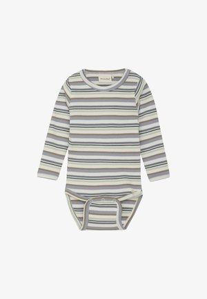 Langärmeliger Babybody aus Rippstoff mit horizontalen Streifen in Beige, Grau und sanftem Blau. Runder Halsausschnitt und Druckknopfverschluss am Boden.
