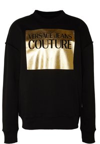 Černá mikina s lesklým zlatým obdélníkovým motivem s nápisem "VERSACE JEANS COUTURE" tučnými černými písmeny. Žebrovaný výstřih a manžety.