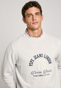 Svetlo sivi pulover z rebrastim izrezom; vsebuje mornarsko modro in kremno vezenje, vključno z napisom "Pepe Jeans London" in podrobnimi poudarki.