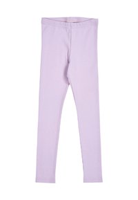 Lila leggings gemaakt van zachte, rekbare stof. Ze hebben een slim fit ontwerp met een elastische tailleband en een gladde textuur. Geen patronen of accenten.