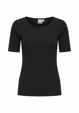 Sort ribbet T-shirt med rund halsudskæring og korte ærmer. Har en tætsiddende pasform og blød tekstur for komfort.