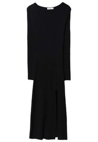 Schwarzes geripptes Strickkleid mit V-Ausschnitt, langen Ärmeln und einem seitlichen Schlitz, das einen taillierten Oberteil und einen weit ausgestellten Rock hat.