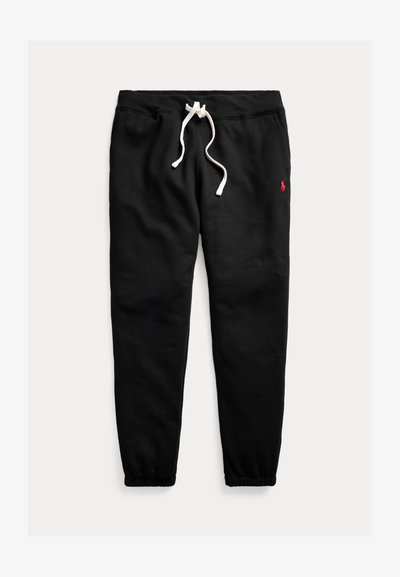 Juodos sportinės kelnės, pagamintos iš minkštos medžiagos, su elastine juosta liemens, balta virvele ir mažuoju raudonu siuvinėjimu šone.