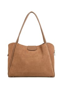 Bruine suède handtas met smalle schouderbanden, een klepsluiting en een ritssluiting aan de zijkant. Zachte textuur met gestructureerde zijkanten.