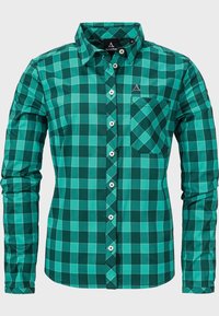 Green and turquoise checkered long-sleeve shirt with buttoned front, single chest pocket, and a small logo on the collar.