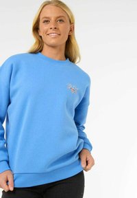 Sudadera azul claro con escote redondo y mangas largas, que presenta un diseño bordado en el pecho y ribetes en el dobladillo y los puños.