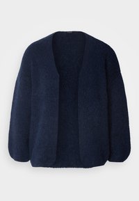 Námořnická modrá otevřená kardigan vyrobená z texturované pleteniny; má spadlá ramena a volný střih, s minimalistickým designem.