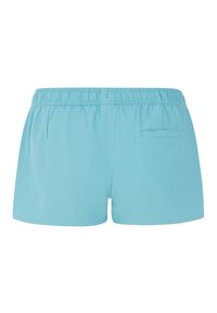 Mėlynos maudymosi šortai su tekstūruota elastinga juosmens juosta ir viena užpakaline kišenė. Audinys atrodo lygus ir lengvas.