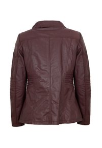 Bordeauxfarbene Lederjacke mit einer taillierten Passform, strukturierten Schultern und vertikalen Nähten, einem Reverskragen und einer markanten Rückenform.