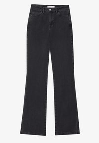 Schwarze Bootcut-Jeans aus Denim, mit hoher Taille, Fünf-Taschen-Design und einem glatten, sanft strukturierten Stoff.