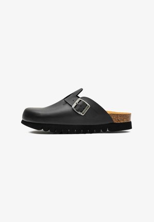 Black leather clogs featuring a side buckle, cork footbed, textured rubber sole with scalloped edges, and an open back design.