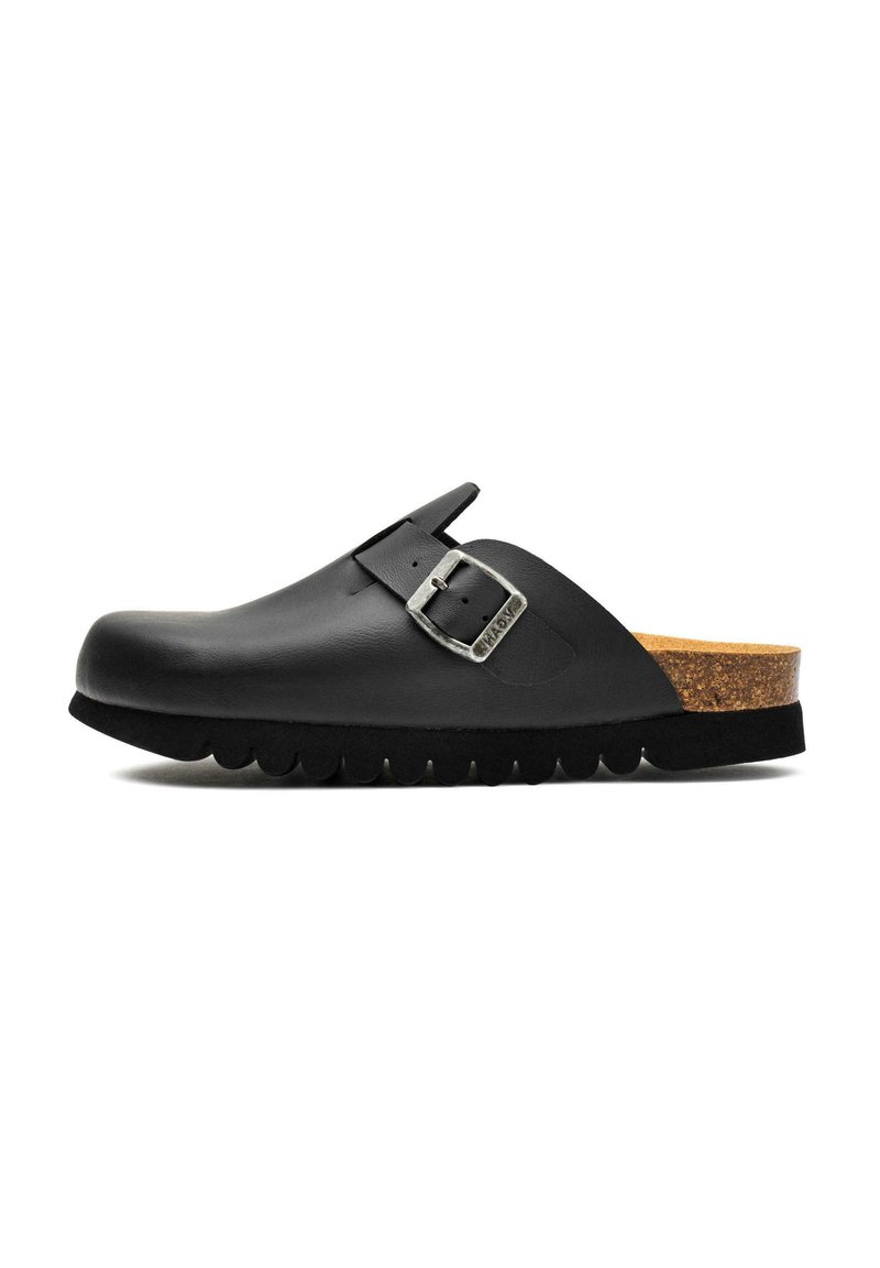 Black leather clogs featuring a side buckle, cork footbed, textured rubber sole with scalloped edges, and an open back design.
