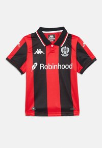 Camiseta de fútbol a rayas negras y rojas con cuello tipo polo, que presenta el logo del OGC Nice y la marca Robinhood. Fabricada con material ligero.
