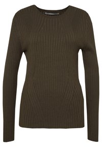 Oliwkowo-zielony, prążkowany sweter z dzianiny z długimi rękawami, okrągłym dekoltem i teksturowanym wzorem. Dopasowany fason z subtelnymi liniami projektowymi po bokach.