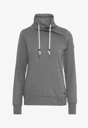 Šedá mikina s vysokým límcem a podšívkou s květinovým vzorem, nastavitelnými bílými šňůrkami a dřevěnými korálky.