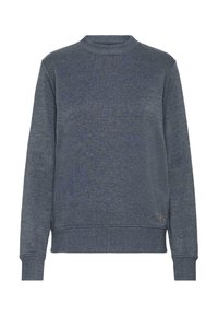 Grå genser med rund hals, ribbede mansjetter og nederkant. Har et lite lærakcent på siden. Glatt tekstur.
