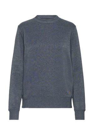 Grå genser med rund hals, ribbede mansjetter og nederkant. Har et lite lærakcent på siden. Glatt tekstur.