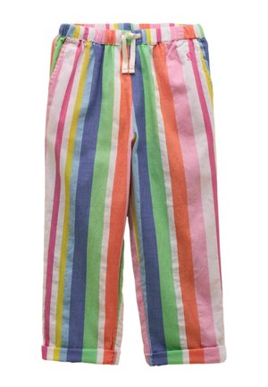 Voľné nohavice s vertikálnymi pruhmi v pastelovej ružovej, oranžovej, zelenej, modrej, žltej a bielej farbe, vybavené elastickým pásom s bielym sťahovacím šnúrkou.