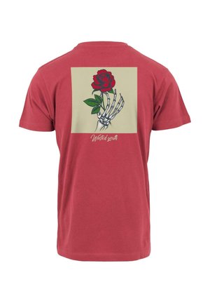Rød bomulds T-shirt med et grafisk motiv af en skelet hånd, der holder en rød rose på en cremefarvet baggrund, med teksten "Wasted youth" nedenfor.