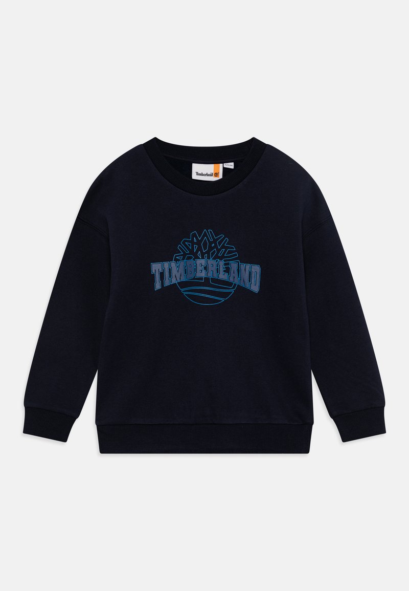 Sudadera azul marino de mezcla de algodón con puños y cuello de canalé. Presenta un logo central de Timberland en azul claro con acentos gráficos.