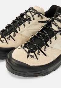 Εξωτερικά παπούτσια από ανοιχτό μπεζ σουέντ και μαύρο δίχτυ με μαύρη λαστιχένια σόλα, με ενισχυμένο προστατευτικό στη μύτη και κορδόνια με σχέδιο.