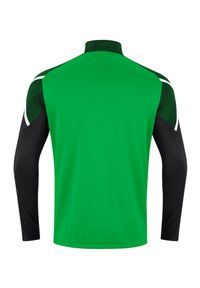 Maglietta sportiva verde a maniche lunghe con maniche nere, colletto alto e motivi geometrici sulle spalle. Tessuto liscio, materiale traspirante.