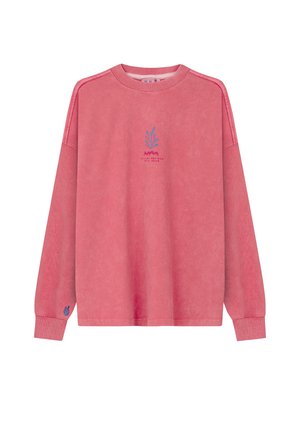 Różowa bluza z długim rękawem z niebieską grafiką koralowca i hiszpańskim napisem „La vida empieza en el agua” na środku przodu oraz małym niebieskim detalem koralowca na mankiecie.