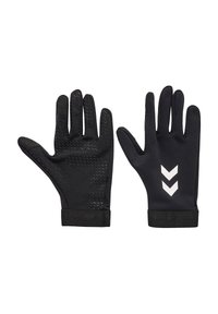 Gants noirs en matériau flexible avec une prise textur�ée sur les paumes, présentant trois chevrons blancs au dos et des poignets élastiques.