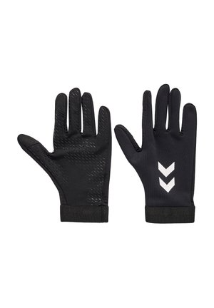 Black gloves made of flexible material with textured grip on palms, featuring three white chevrons on the back and elastic wrist cuffs.