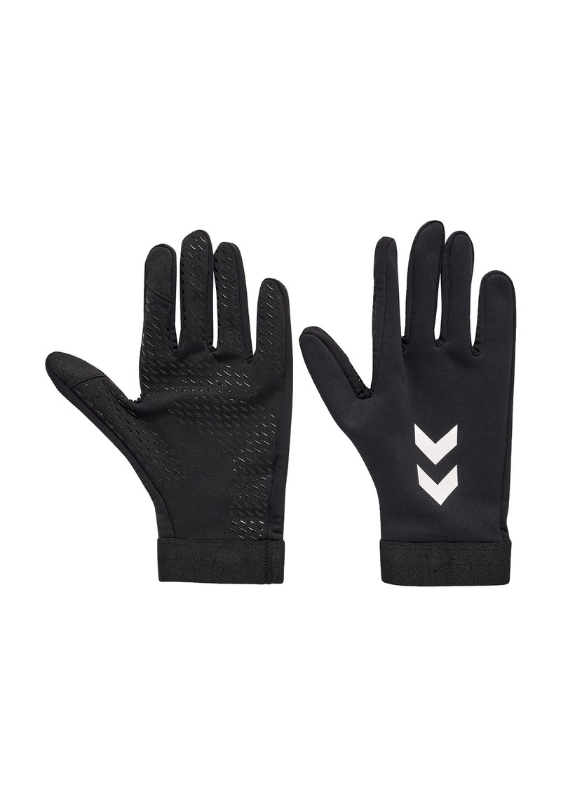 Gants noirs en matériau flexible avec une prise texturée sur les paumes, présentant trois chevrons blancs au dos et des poignets élastiques.