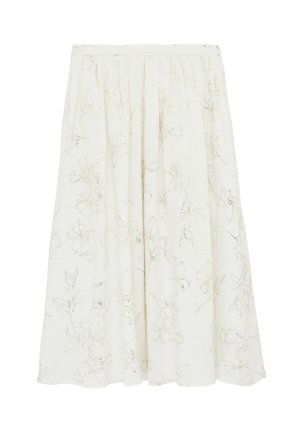 Falda midi blanca con un sutil estampado floral claro, cintura plisada y una silueta fluida en línea A.