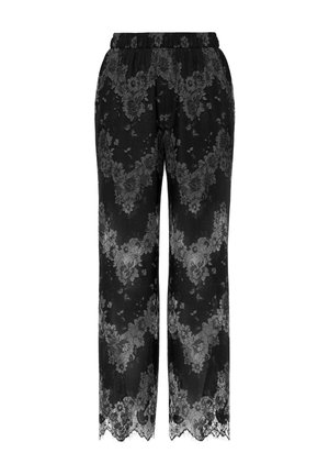 Melnas mežģīņu bikses ar ziedu rakstu, platu kāju dizainu un viļņotu apakšmalu. Elastīga josta ērtībai un piemērošanai.